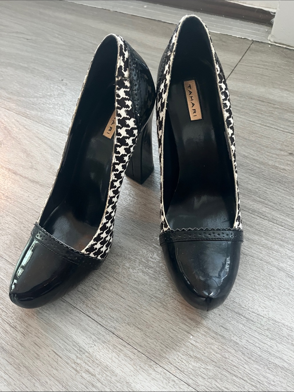 Tahari Black & White Houndstooth Patent Block Heel Pumps